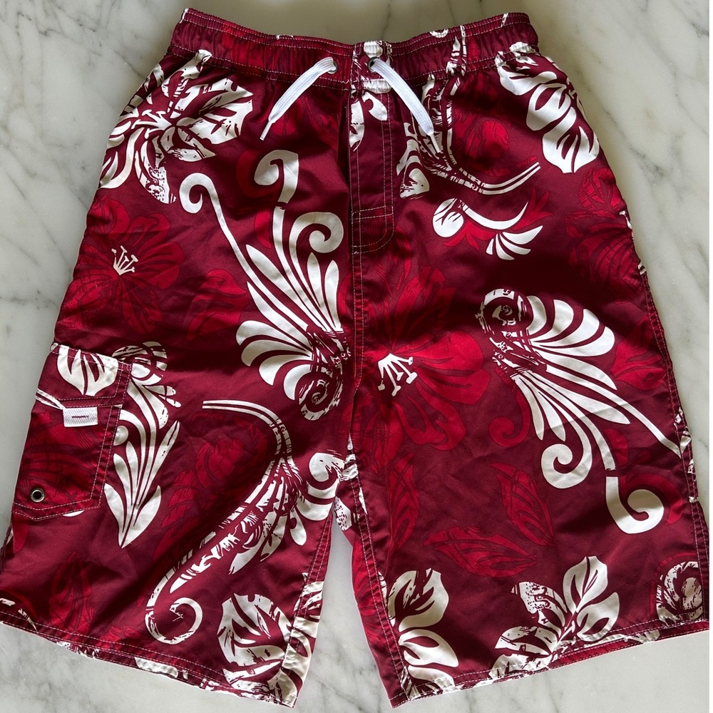 First Wave Boys Burgundy Red Hibiscus Floral Swim Trunks Board Shorts Size 16